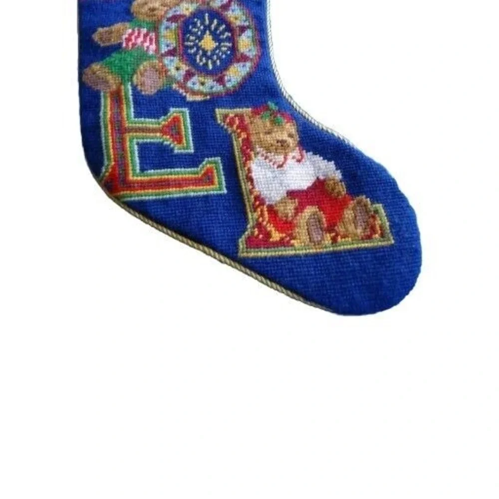 Christmas Stocking Needlepnt NOEL Bears Navy Blue‎ Velvet Gold Trim X Stitch EUC